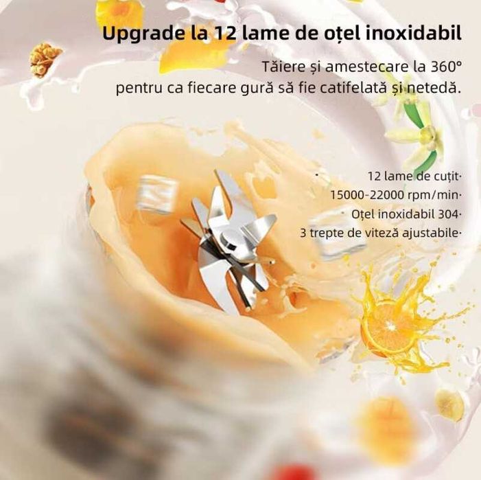 Blender portabil 450ml, 12 lame inox, afisaj LED