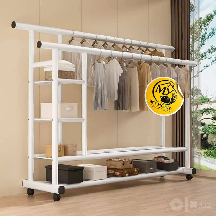 Premium G‘ildirakli Kiyim Ilgichi – 2 Qatorli Garderob Stoykasi