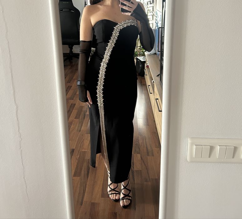 Rochie midi neagra pietre S/XS