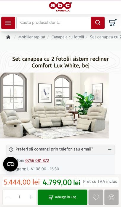 Set canapea cu 2 fotolii, sistem recliner