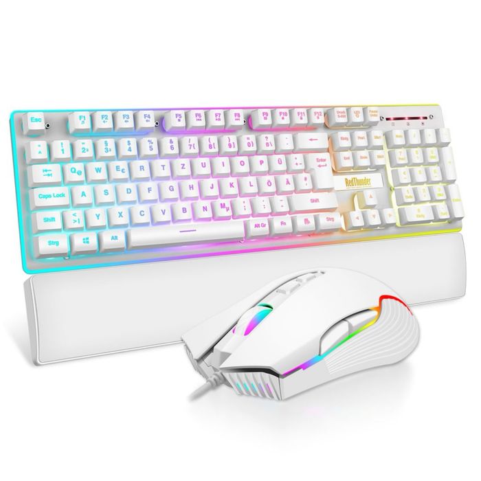 Set Tastatură și Mouse Gaming RedThunder K10 Iluminare RGB Ergonomică – Alb