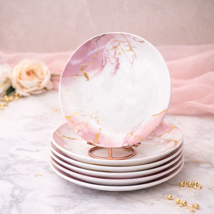 Set serviciu masa opal 32 piese, 6 persoane, alb cu model marmura roz si detalii aurii, farfurii si cesti incluse, model ONIX
