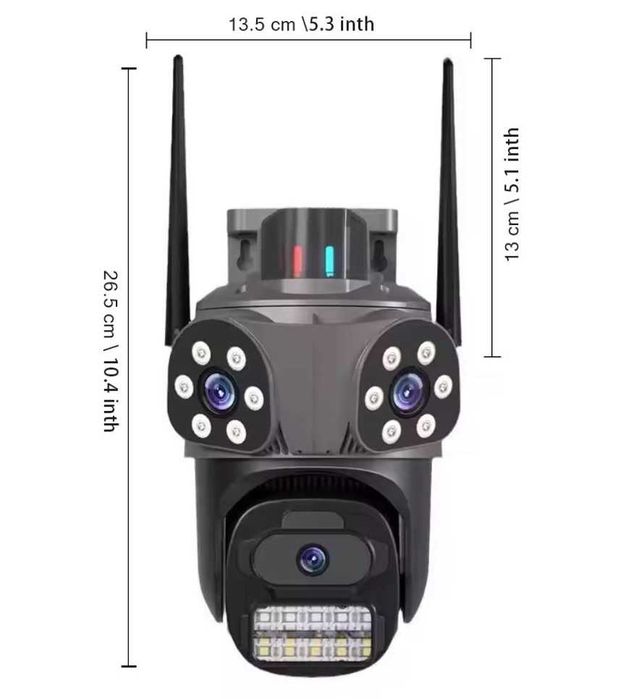 Тройна външна въртяща WiFi AI камера с три обектива, ICSee, Черна