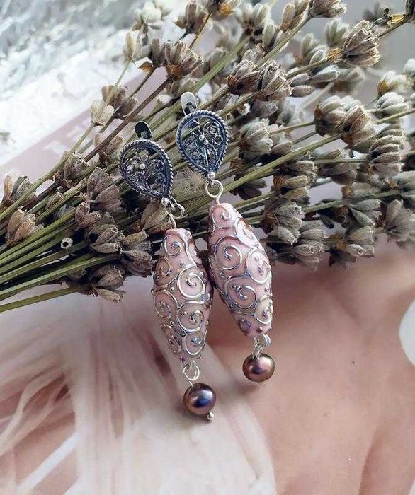 Обеци от муранско стъкло и перли, сребро.