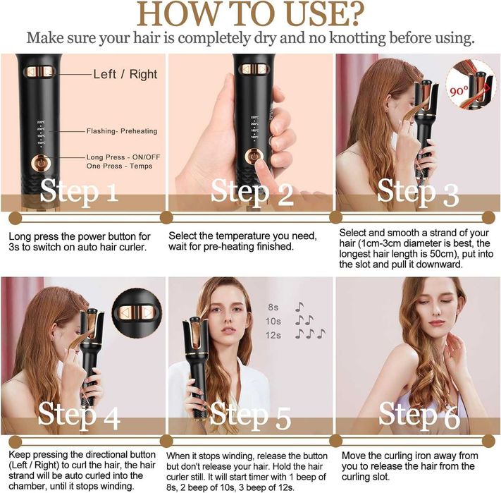 Автоматична маша за коса около 2,5 см, 3 таймера, 4 температури