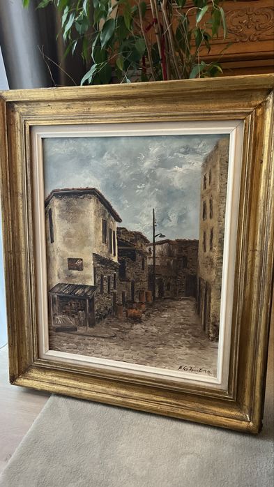 Tablou mediteranean pictura pe panza cu rama de lemn aurie