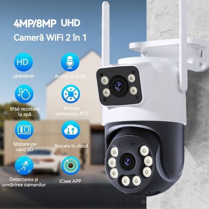 Camera Supraveghere Dubla Wireless UHD, Rotativa, Exterior, iCsee