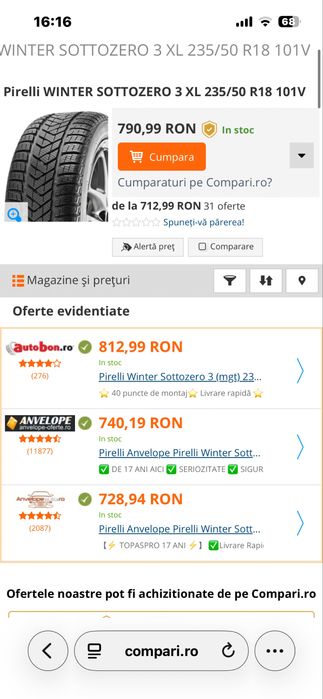 Anvelope iarna 235/50/18 Pirelli Winter Sottozero 3 235 50 18 R 18