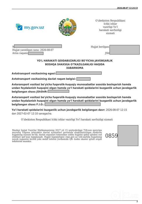 Avtomobillarga online ishonchnoma(Dovernost), sug'urta va boshqalar