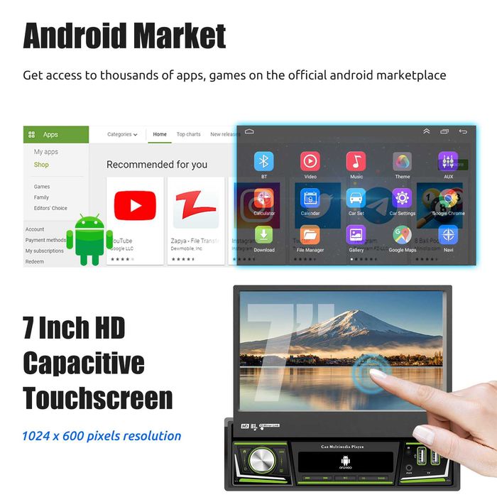 7" 1-DIN  Android 14 с изваждащ се дисплей,  64GB ROM , 4GB RAM