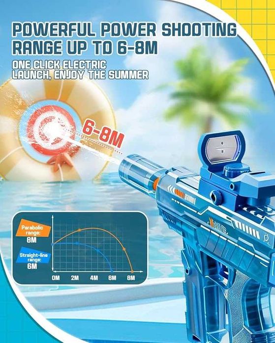 Pistol cu ​​apă electric (cu acumulator), pistol cu ​​apă automat cu lumini LED, rază de acțiune 6-8 m, Model UZI