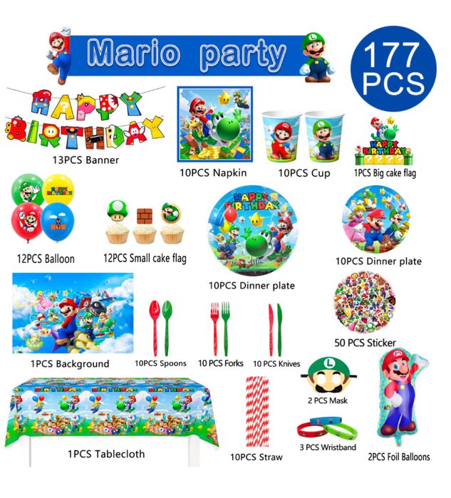 Комплект парти аксесоари детски рожден ден ,Super Mario, 177 части