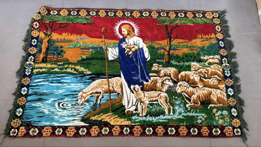 Carpeta / covoras Iisus, foarte vechi, lucrat manual, 114 x 172
