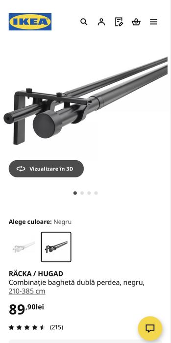 Vand bara dublă perdea IKEA, bagheta negru, 210-385 cm
