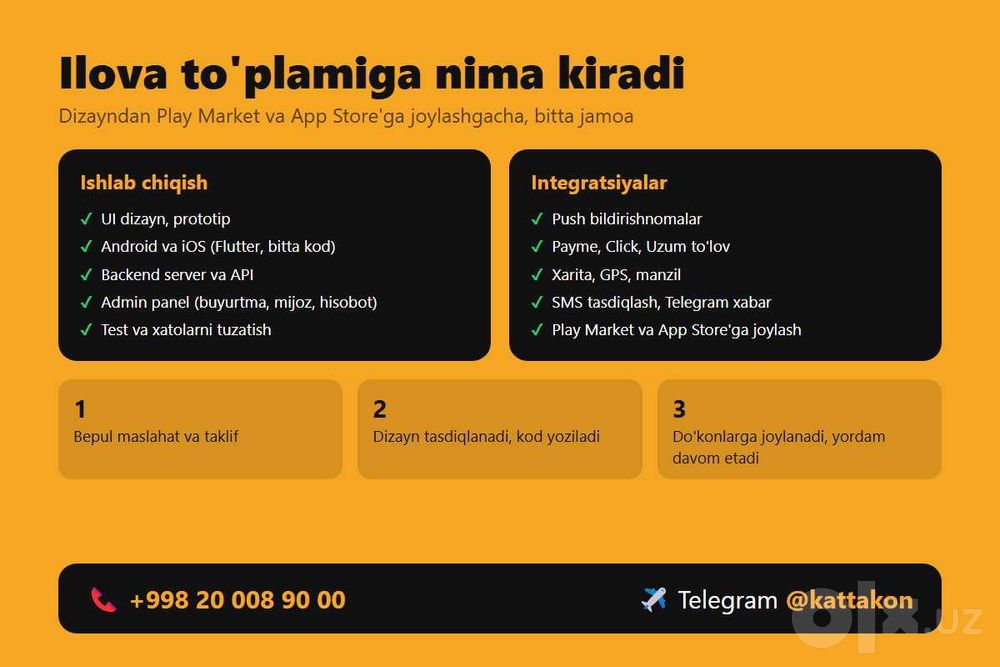 Mobil ilova yaratamiz: dostavka, do'kon, xizmatlar (Android va iOS)
