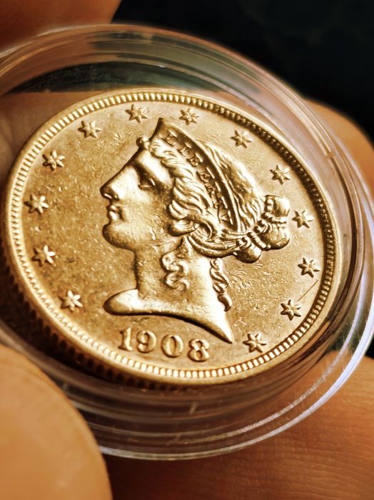 5 долара 1908 год, злато 8.36 гр, проба 900/1000 (21.6 карата)