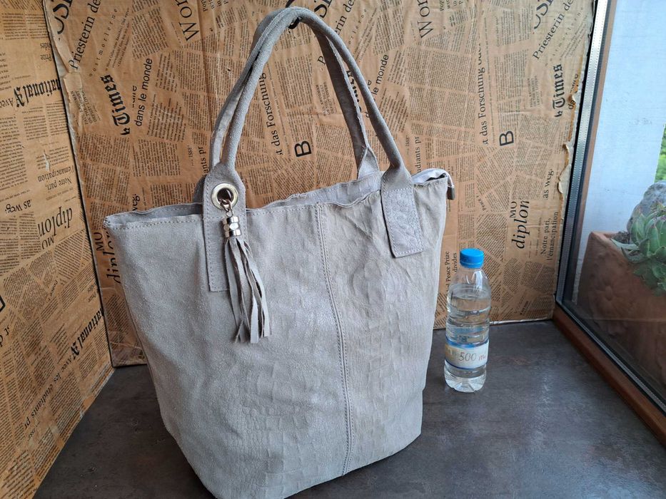 дамска чанта бежова,велурена торба-естествена кожа