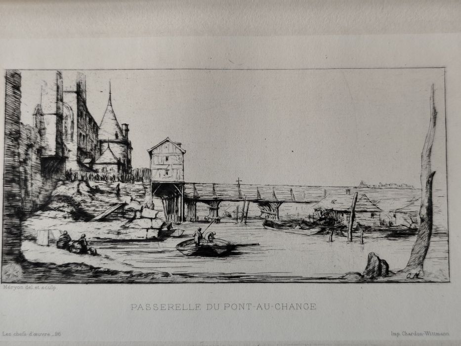 Charles Meryon – Passerelle du Pont-au-Change, Paris. Gravură sec. XI