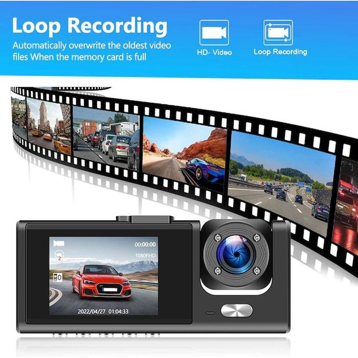 Видеорегистратор DVR тройна камера за автомобил Full HD 1080P, 2 инча