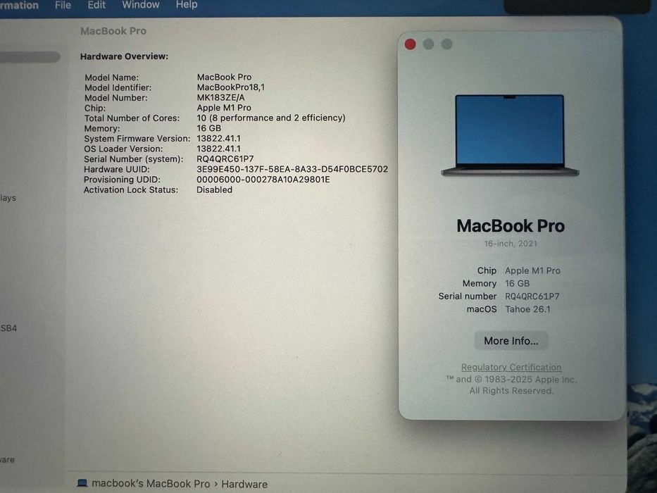 Macbook Pro M1 Pro 16' 16GB RAM 10CPU 16GPU 512GB SSD