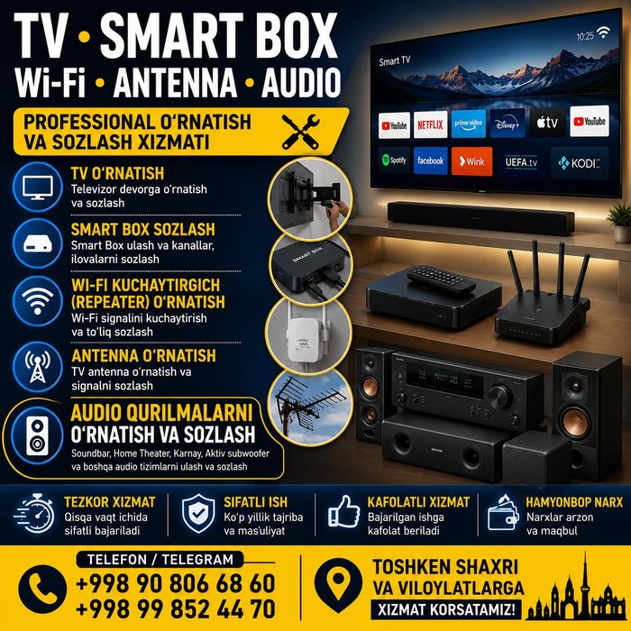 Ustanovka TV, Smart Box, Wi-Fi kuchaytirgich, Antenna va Audio qurilma