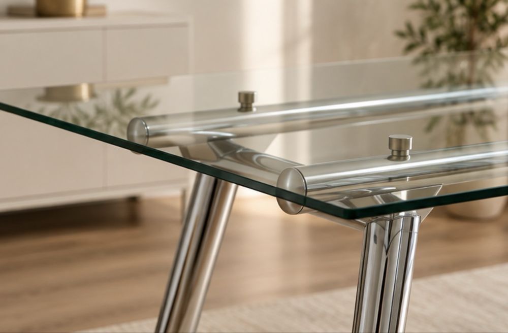 Masă dining Mobexpert, blat sticlă, structură cromată, 160 cm