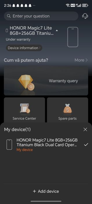 URGENT Vand Honor magic 7 Lite 5G (256GB, 8GB RAM) Titanium Black – Pachet Complet, ÎN GARANȚIE