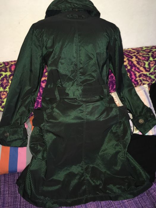 Френски нов бутиков шлифер тренч L Clara Couture зелен черно райе