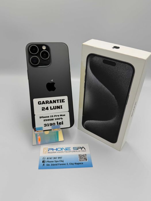 Phone 15 Pro Max 256Gb / 100% - Din magazin,cu garantie! RATE TBI !