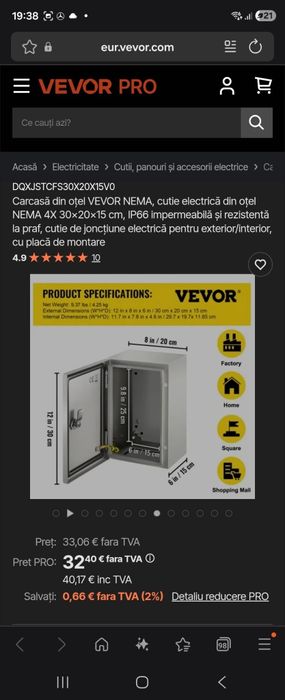 Carcasă din otel VEVOR  Nema 4X  30×20×15cm. IP 66 impermeabila