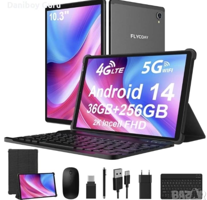 Таблет FLYCOAY 10.4" 2K, 4G LTE+5G WiFi, 36GB RAM+256GB ROMAndroid 14