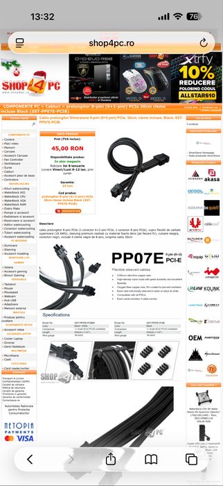 Cablu prelungitor extensie PCIE 6+2 Silverstone