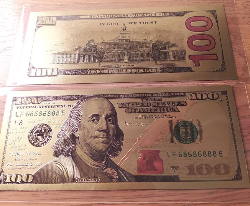 Лот от 5 бр. 100 долара-позлатени,сувенирни,пластични,релефни банкноти
