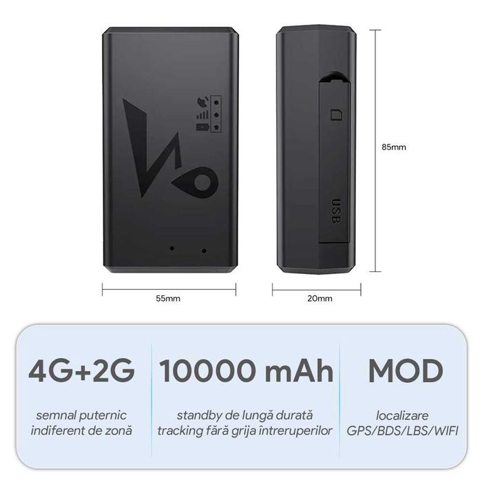 GPS Tracker Auto 4G cu Magnet 10000mAh, SIM Inclus, Istoric Traseu