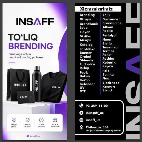 INSAFF — Brending va Poligrafiya Xizmatlari | 24/7