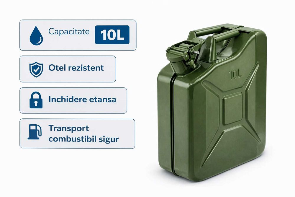 Canistra metalica combustibil 10L verde rezistenta benzina motorina