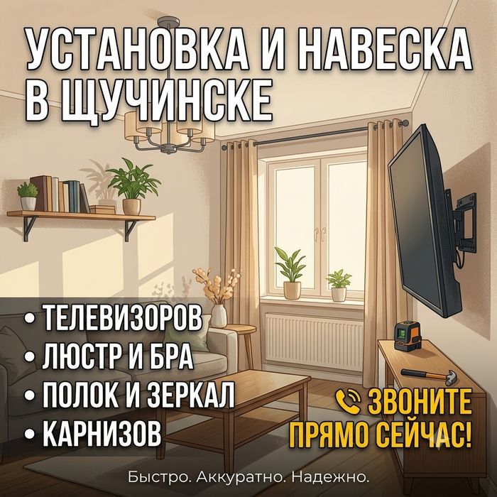 Мастер на час в Щучинске. Повесить телевизор, карниз, люстру, полку