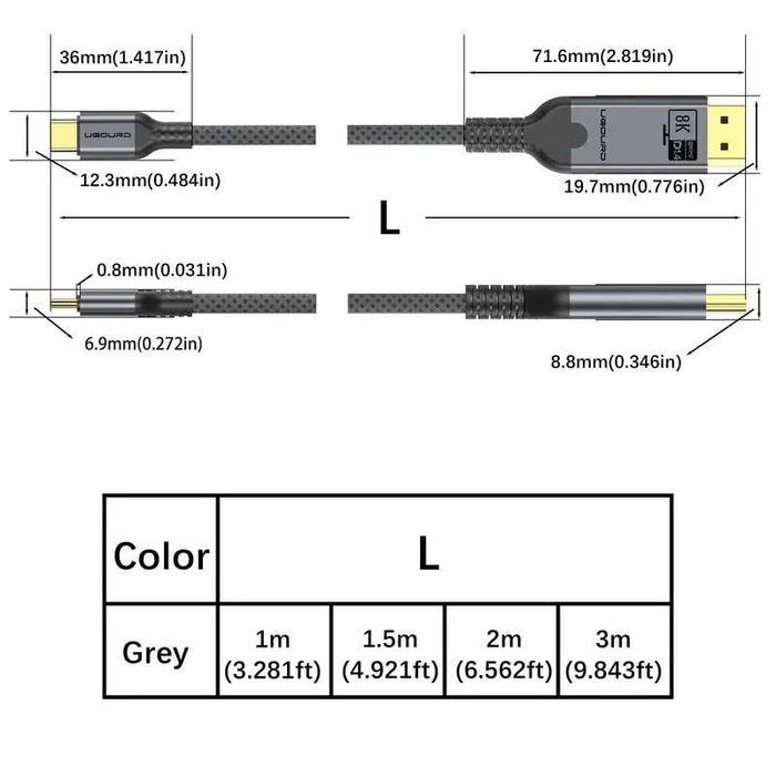 Кабел комбиниран UGOURD USB-C до DP 1.4A за телевизор 8K/60Hz,4K/240Hz