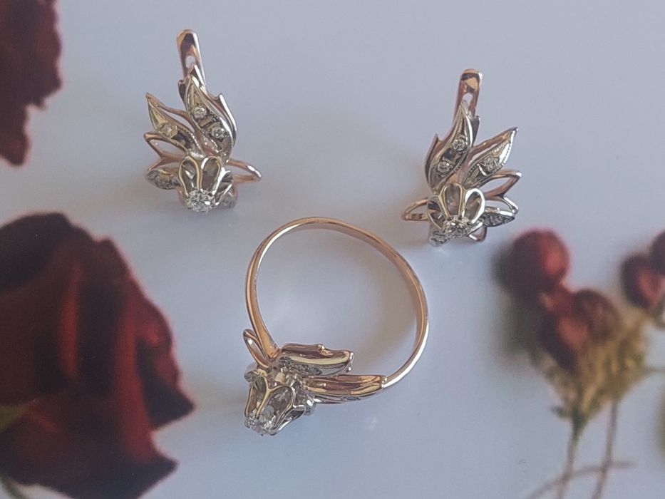 Золотые серьги,кольцо с бриллиантами 583