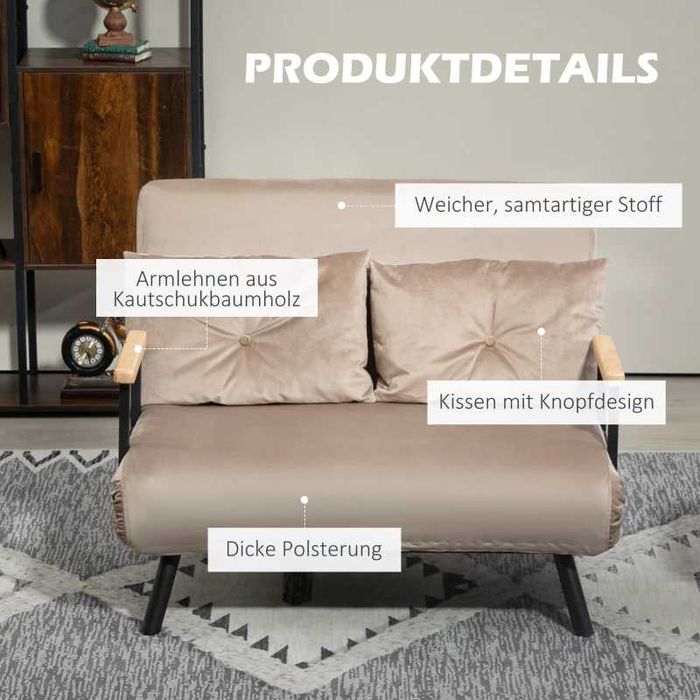 Разтегателен диван HOMCOM, легло за гости, дървени подлакътници