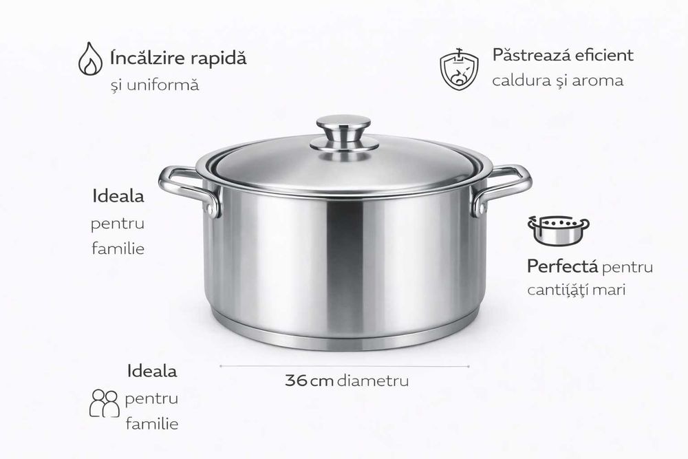 Cratita inox Royalty Line 10L cu capac metalic 36x14 cm