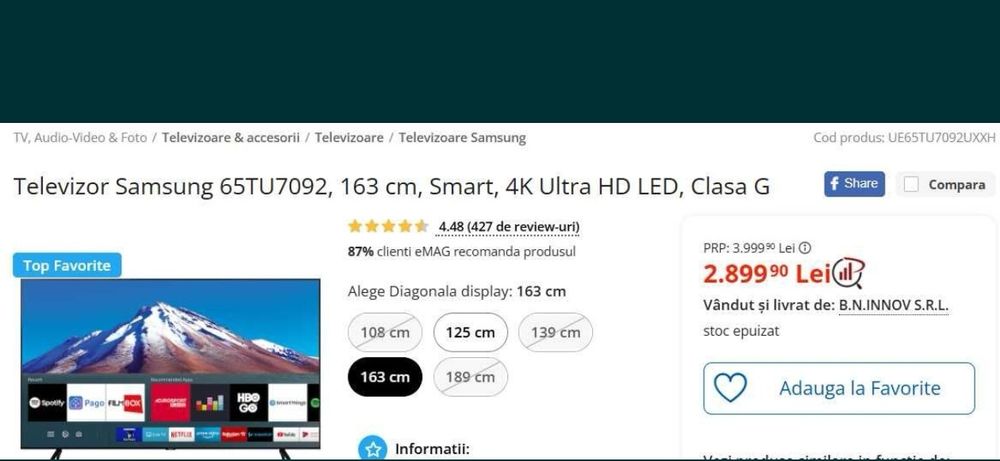 TV Samsung 65TU7092, 163 cm, Smart, 4K Ultra HD LED