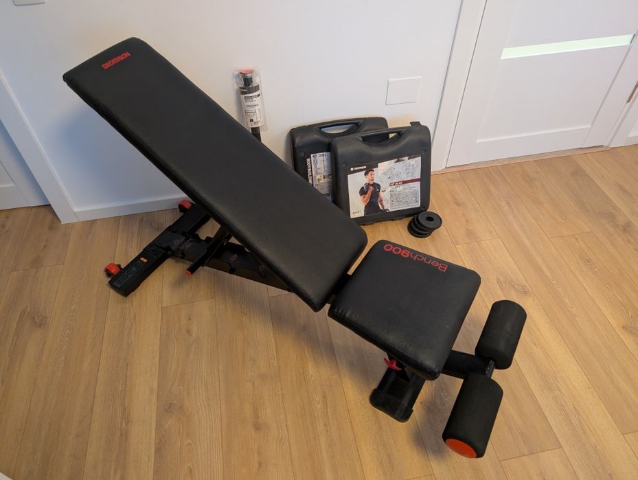 Kit home gym fitness Decathlon gantere total 42 kg + banca ajustabila + bara de tractiuni