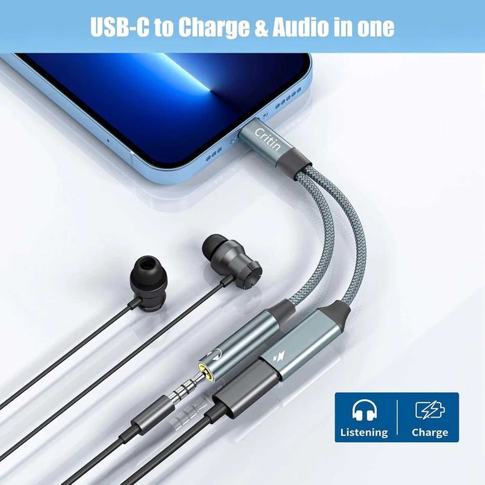 Преходник DAC USB C към 3,5 мм Aux жак за слушалки и адаптер за зарядно USB C 60W бързо зареждане
