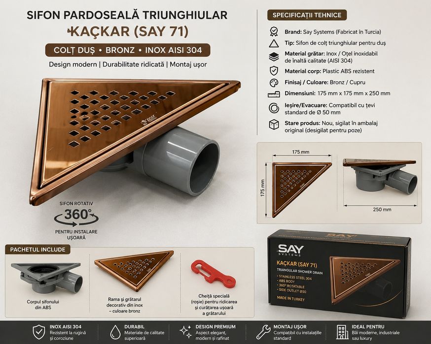 Sifon triunghiular modern pentru cabina de duș, bronz elegant