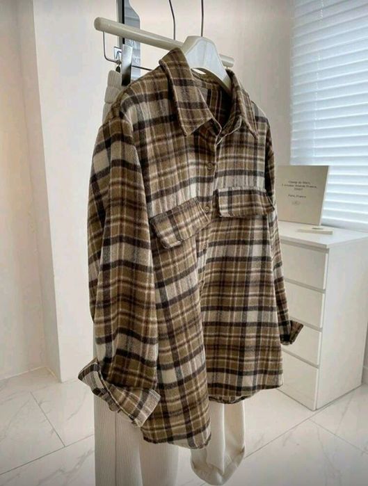 Дамска овърсайз риза кафява на каре