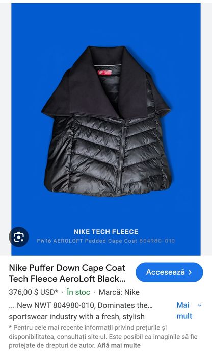 Geaca Puf Nike Tech 800 Aeroloft Cape Nr. S (8 - 10 ani) 128 - 137 cm