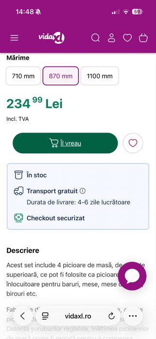 Picioare de masa inaltime reglabila vidaxl 870mm 4 bucati