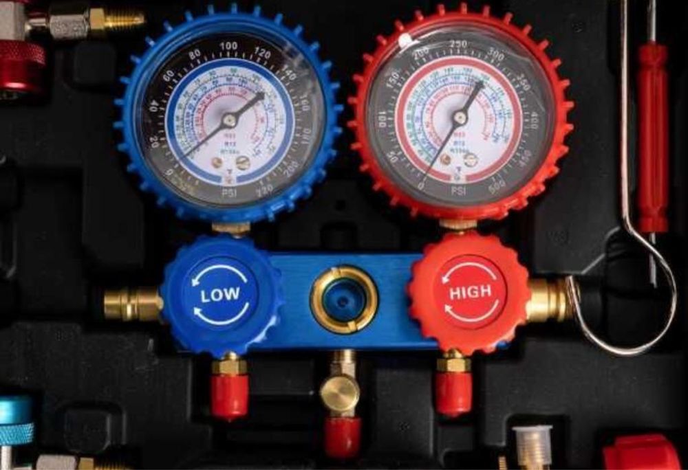 Trusa testare AC aer conditionat manometre verificare incarcare freon 2 robineti 3 furtune