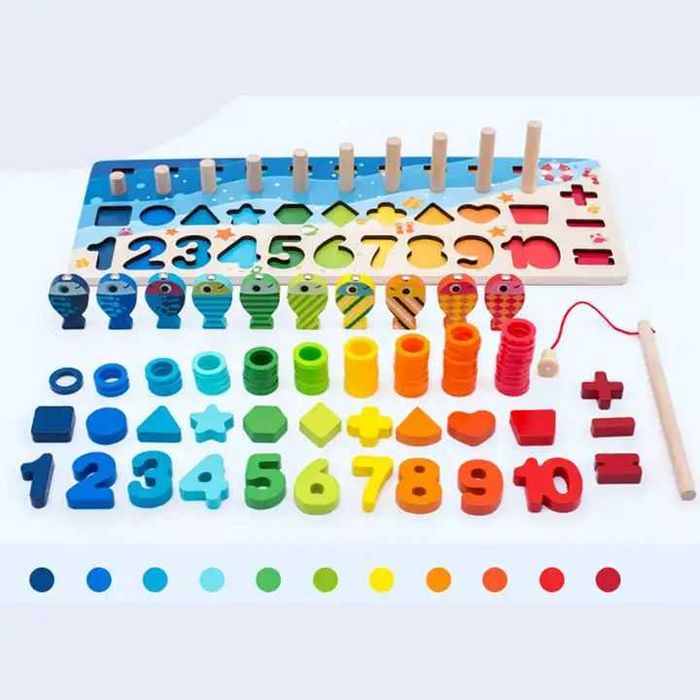 Дървена детска образователна игра Монтесори с цифри, форми и магнит